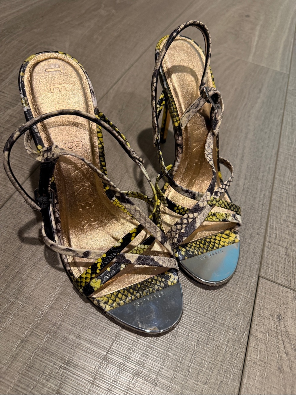 Yes Bakers Yellow Snake-Print Strappy Heels